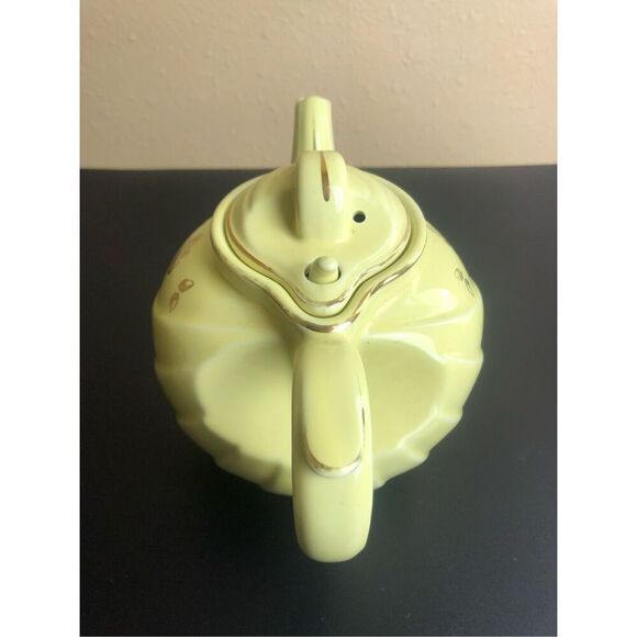 Retro Hall Teapot Canary Gold Label Parade Hook Yellow With Gold Oak Leaves 1950 - Picture 4 of 14